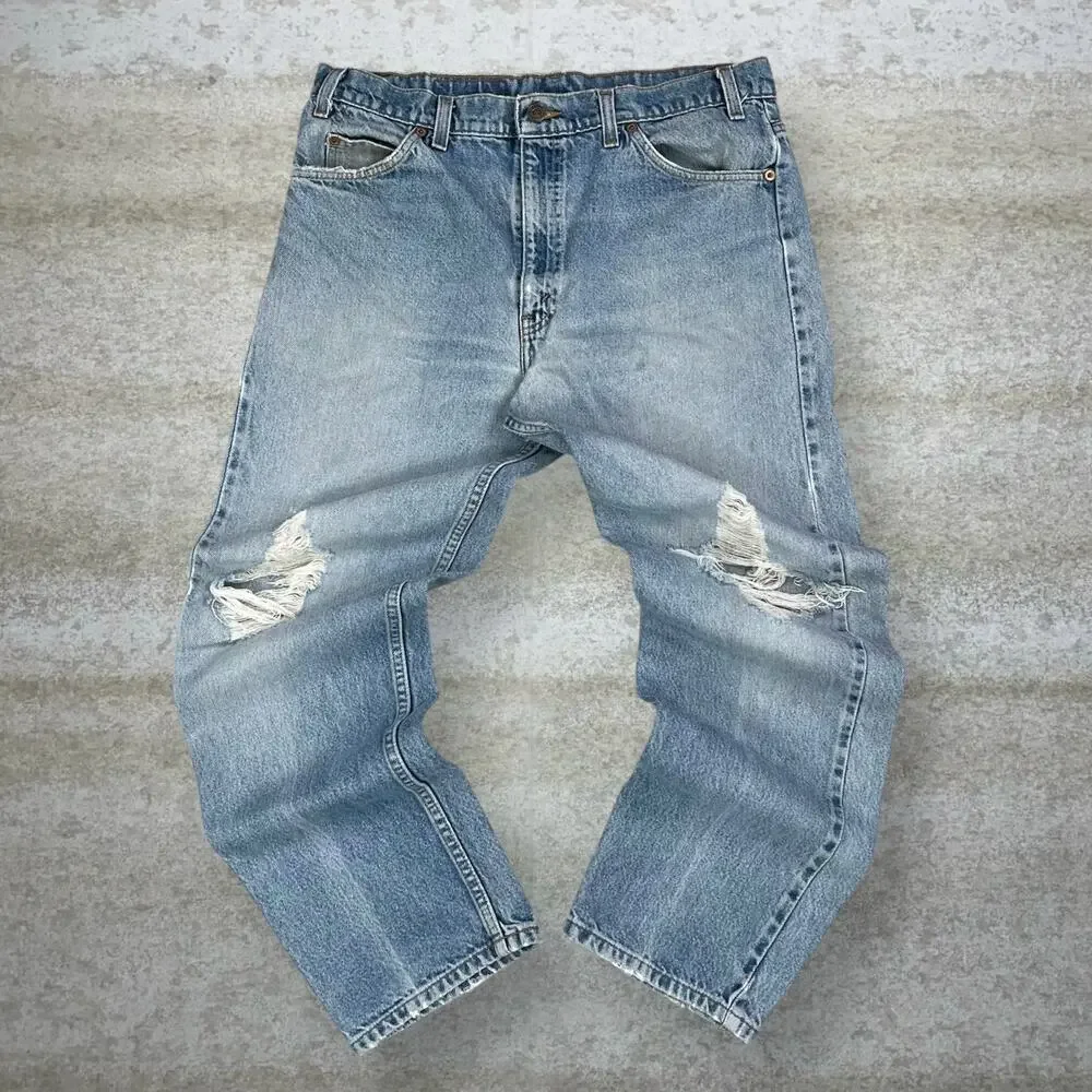 Vintage 90s Levis Jeans 505 36x30 Regular Straight Leg Fit Light Wash Orange Tab